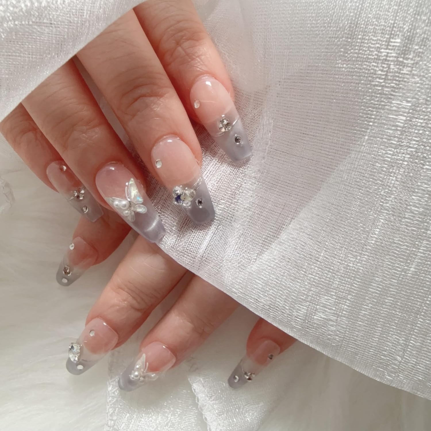 Press On Nails Coffin, Square Oval White Powder Blue Butterfly 3D Handmade Nails, Cute false nails Sheer Shimmery Nude Glossy Soft Gel 10 Pcs (Square Blue, S)