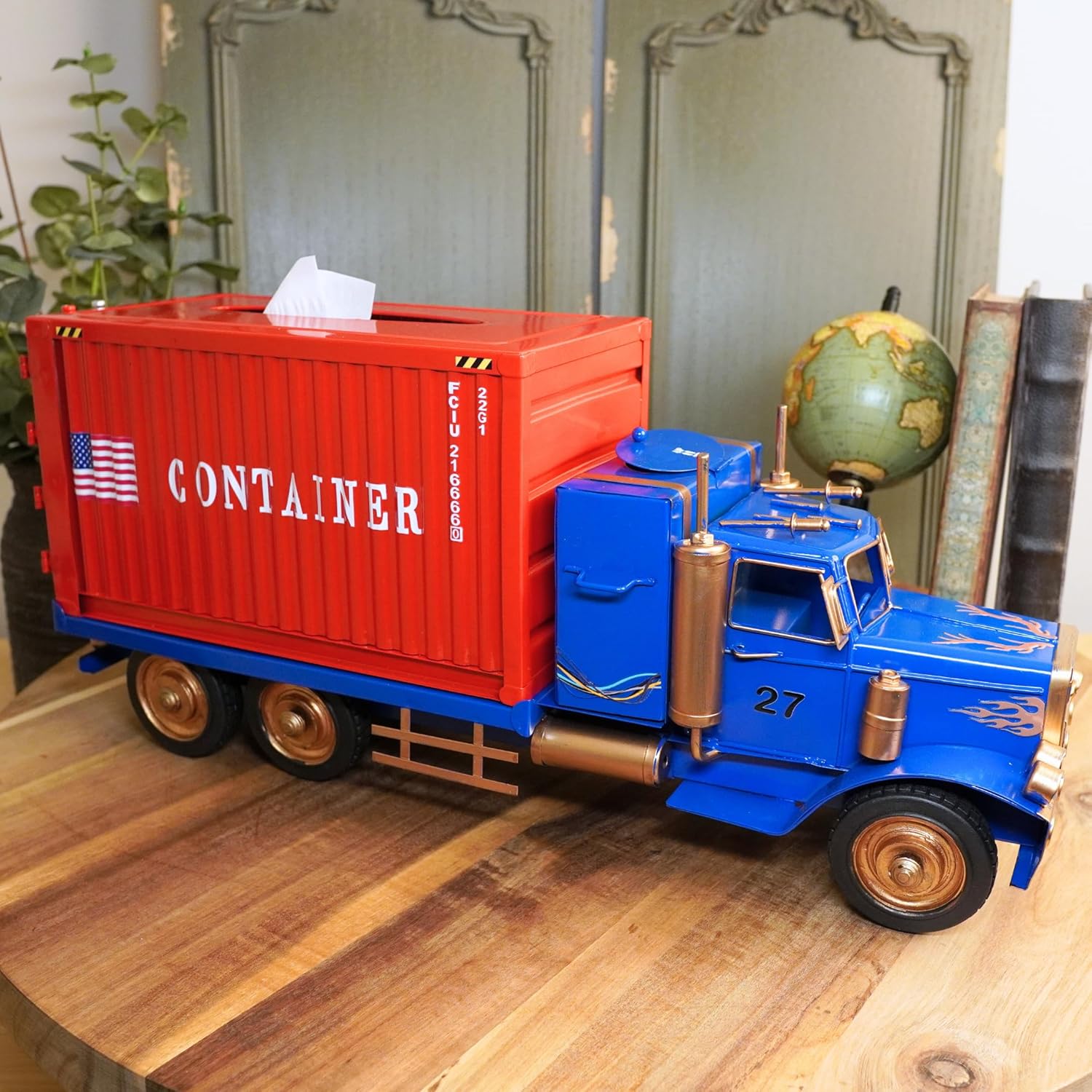 Handcrafted Metal Truck Tissue Box Cover – Industrial Shipping Container Design, Sturdy Decorative Holder for Home, Office, Bar & Man Cave – Fits US XL Tissue Boxes (Blue Truck (Red Container))