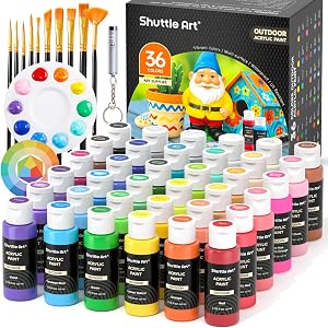 Shuttle Art Outdoor Acrylic Paint Set, 36 Colors 2oz/60ml Waterproof Acrylic Paint with 10 Brushes 1 Palette, Rich Pigmented Paints for Artists, Beginners on Rocks, Wood Crafts, Garden Statues