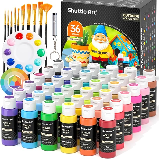 Shuttle Art Outdoor Acrylic Paint Set, 36 Colors 2oz/60ml Waterproof Acrylic Paint with 10 Brushes 1 Palette, Rich Pigmented Paints for Artists, Beginners on Rocks, Wood Crafts, Garden Statues