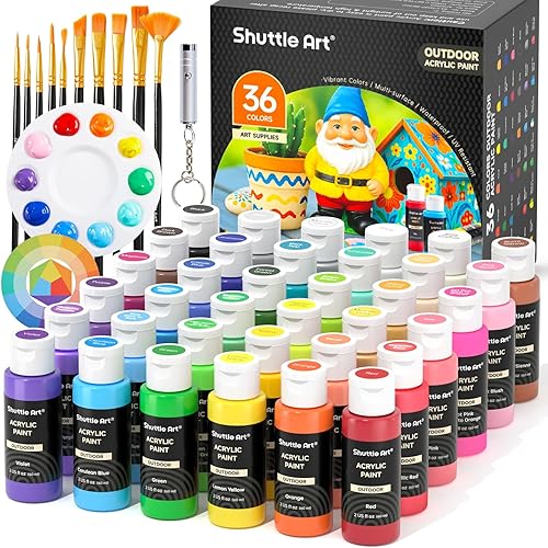 Shuttle Art Outdoor Acrylic Paint Set, 36 Colors 2oz/60ml Waterproof Acrylic Paint with 10 Brushes 1 Palette, Rich Pigmented Paints for Artists, Beginners on Rocks, Wood Crafts, Garden Statues