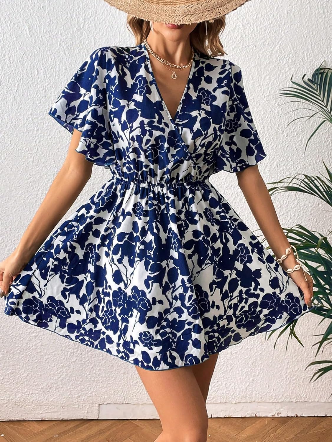 Floerns Women's Allover Floral Print Flounce Short Sleeve V Neck A Line Short Dress - Image 4