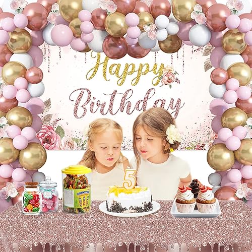 Miniatura 6 de Decoraciones florales de feliz cumpleaños para mujer, 131 piezas de suministros de fiesta de cumpleaños con flores de oro rosa, incluyendo telón de