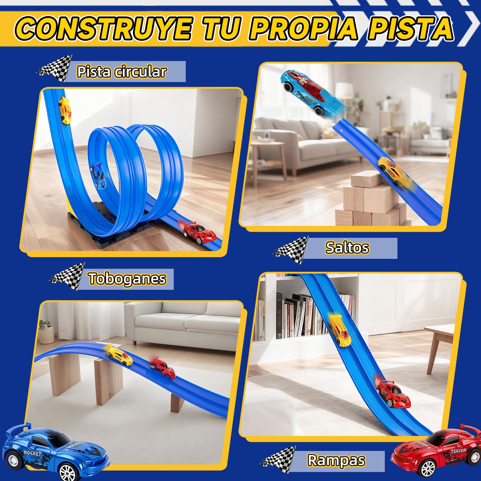 Charmofun Pista de Coches Flexible 5M, Pista de Coches para Niños con 4 Coches, Bolsa Almacenamiento, 2 Lanzadores, 8 Rampas y Ventosas, Pista De Carreras Portátil para Niños de 3+ Años (Azul)