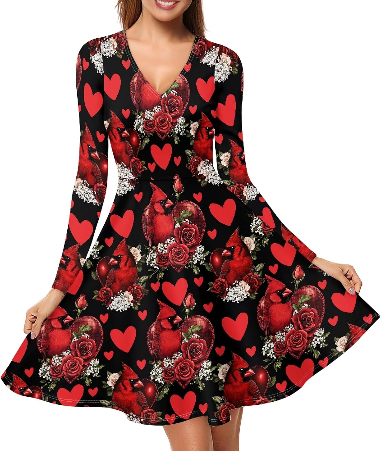 TOADDITDO Music Party Dress for Women Plus Size V Neck Sundress Elegant Long Sleeve High Waist Midi Dresses