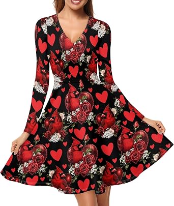 TOADDITDO Music Party Dress for Women Plus Size V Neck Sundress Elegant Long Sleeve High Waist Midi Dresses