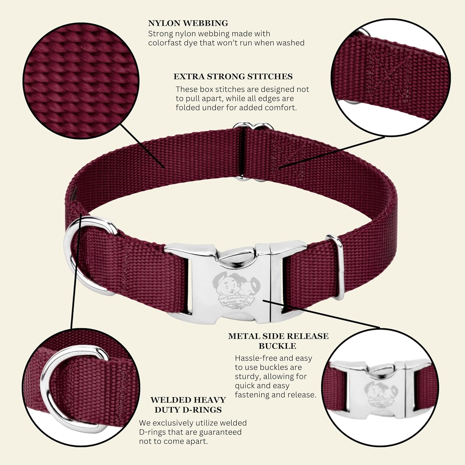 Country Brook Petz - Premium Nylon Dog Collar with Metal Buckle for Small Medium Large Breeds - 10+ Warm Colors (Small, 3/4 Inch, Burgundy)