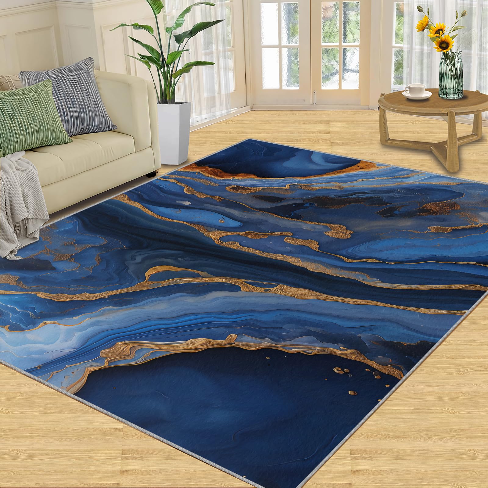 Tapis de sol 80 x 150 cm - Motif marbre abstrait bleu marine - Plaqué or 3D - Pour chambre à coucher, salon, salle d'étude