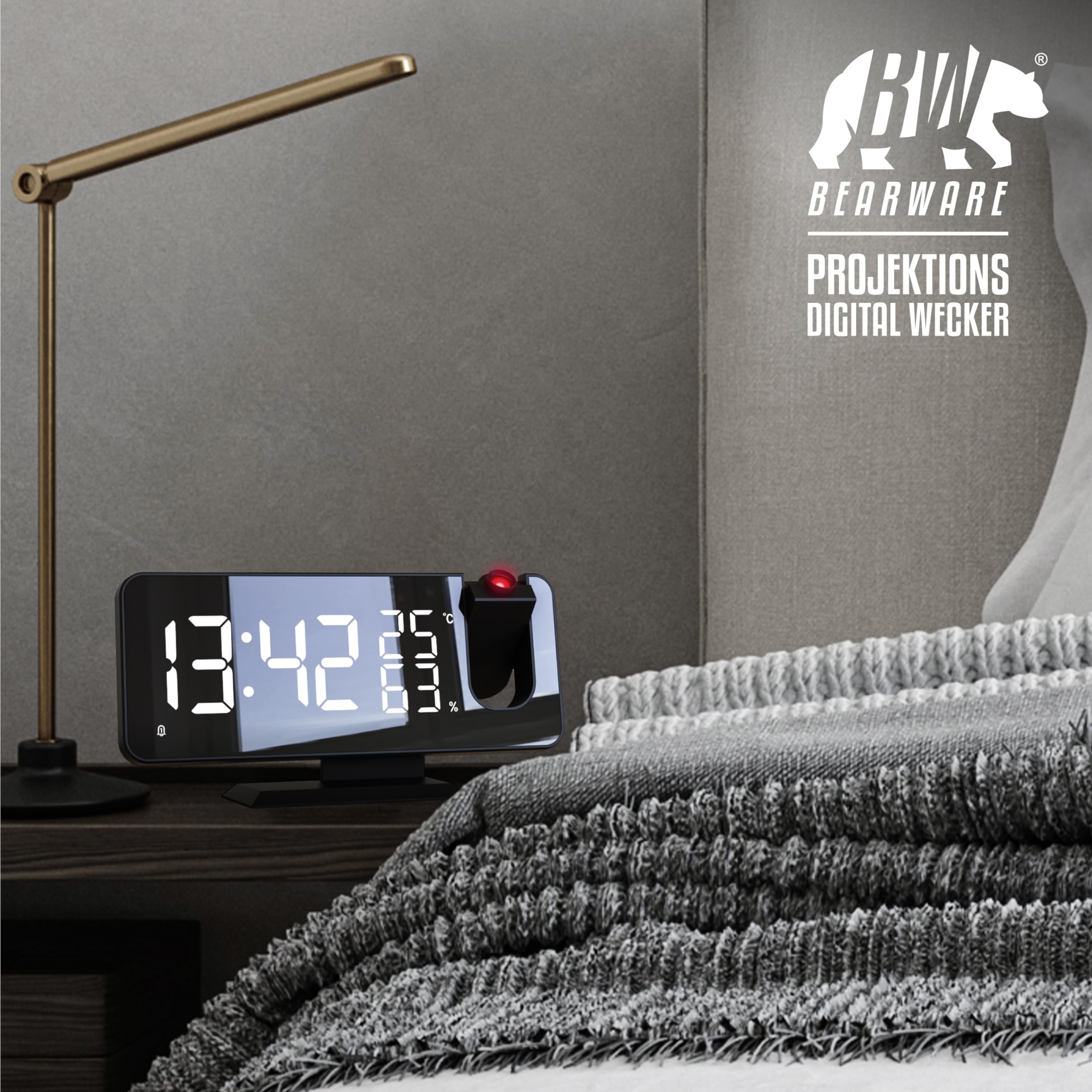 CSL - Wecker Digital Radiowecker mit 3 Stufen Bildschirmhelligkeit, Projektionswecker mit Temperatur- und Luftfeuchtigkeitsanzeige, Dual-Alarm 12 / 24h USB-Anschluss