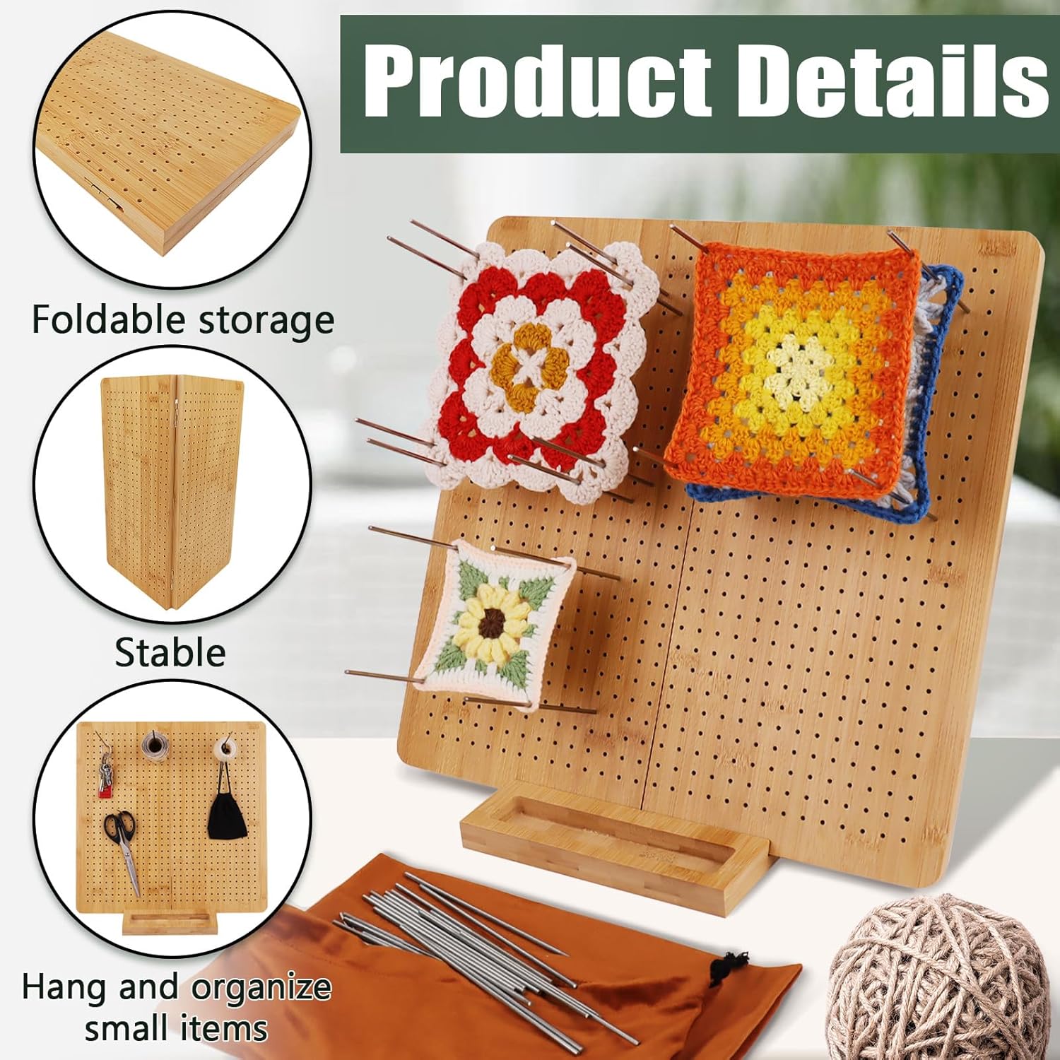 Newkita 15.5" Foldable Crochet Blocking Board with 40 Steel Pegs/Pins for Granny Squares & Small Projects, Adults