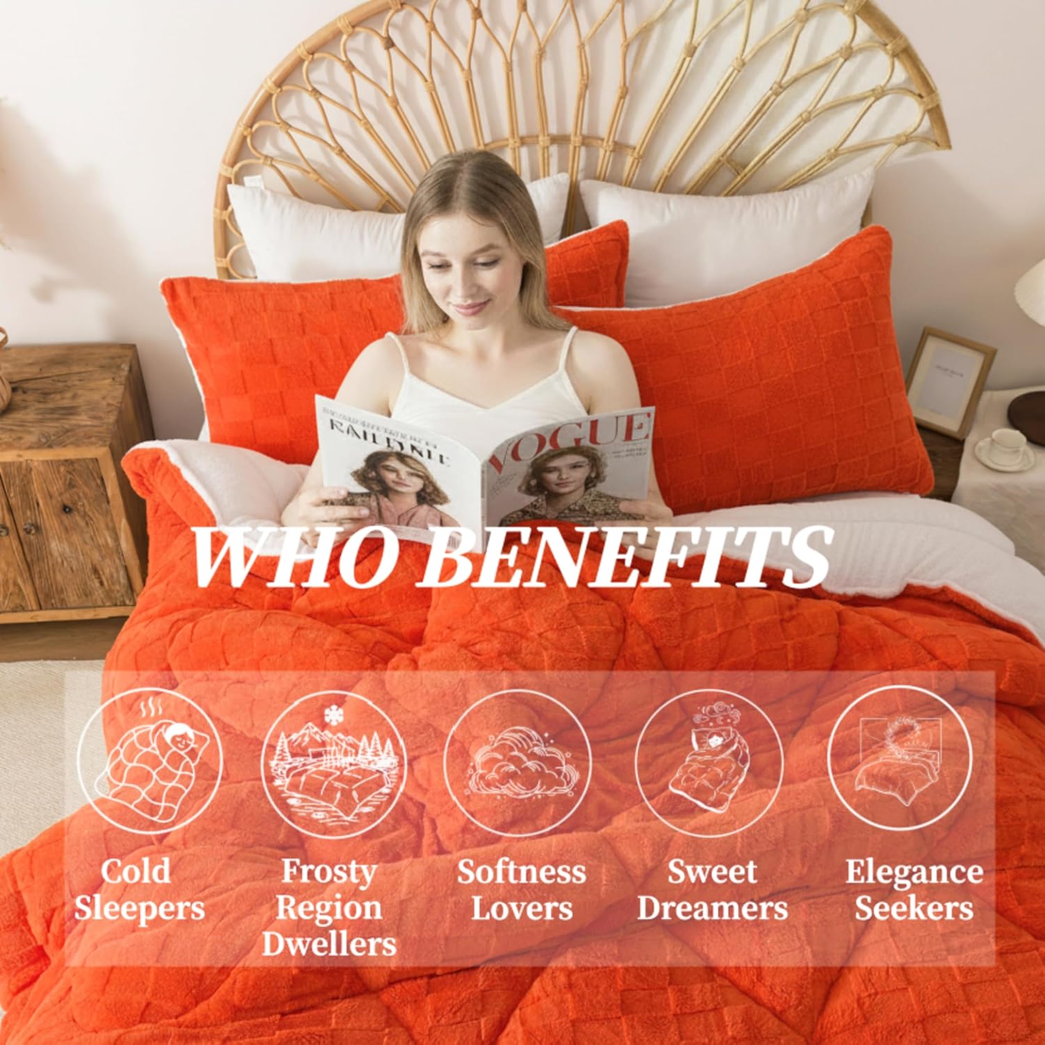 ELNIDO QUEEN® Fluffy Comforter Set Queen, Burnt Orange Winter Fleece Comforter Ultra Soft & Extra Pluffy Plush Comforter Set, Cozy Fuzzy Bed Comforter 3 Pieces (1Comforter & 2 Pillowcases),92x88 inch - Image 8