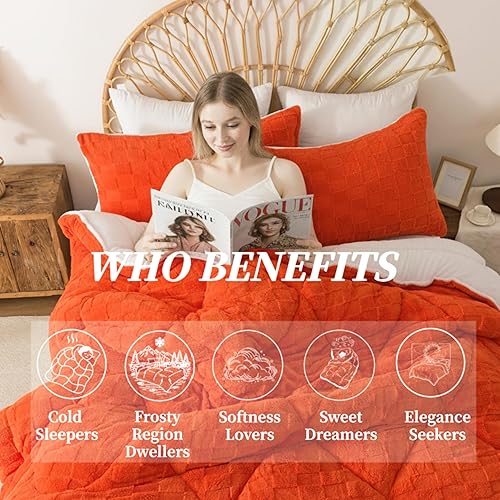 Miniatura 8 de ELNIDO QUEEN® Juego de edredón esponjoso Twin, edredón de forro polar de invierno naranja quemado, ultra suave y extra esponjoso, juego de edredón