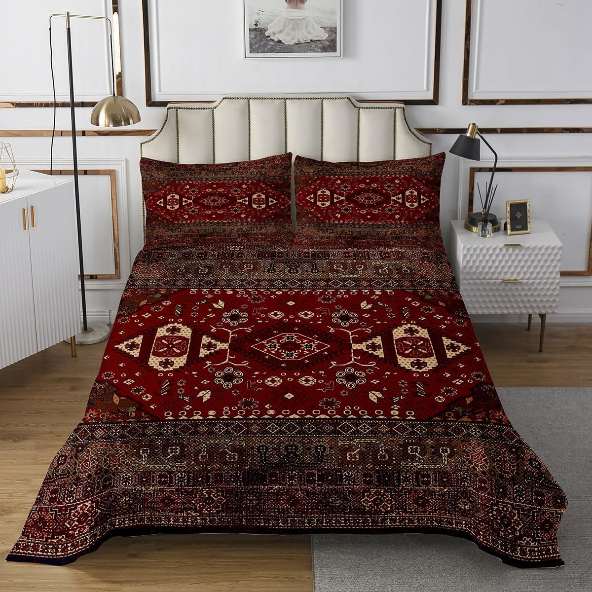 Erosebridal Boho Tribal Quilt Twin, Retro Exotic Bedspread, Vintage Lattice Bohemian Coverlet, Dark Red Antique Grid Damask Inspired Medallion Egyptian Soft Luxury Quilted