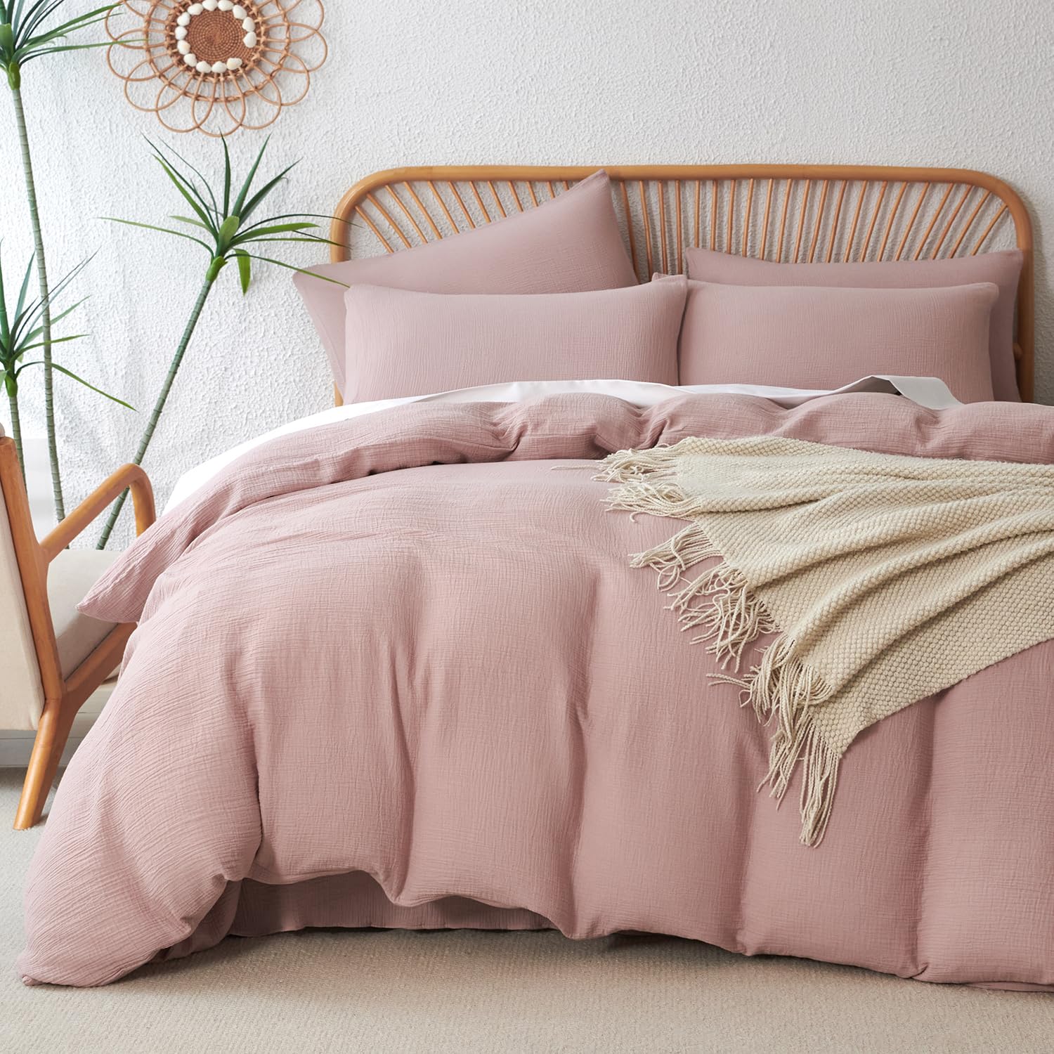 BUPIRD Duvet Cover Queen Size, Luxury Cotton Double-Layer Crinkle Gauze Pink Duvet Cover, 3 Pieces Bedding for All-Season, Soft Breathable with Zipper