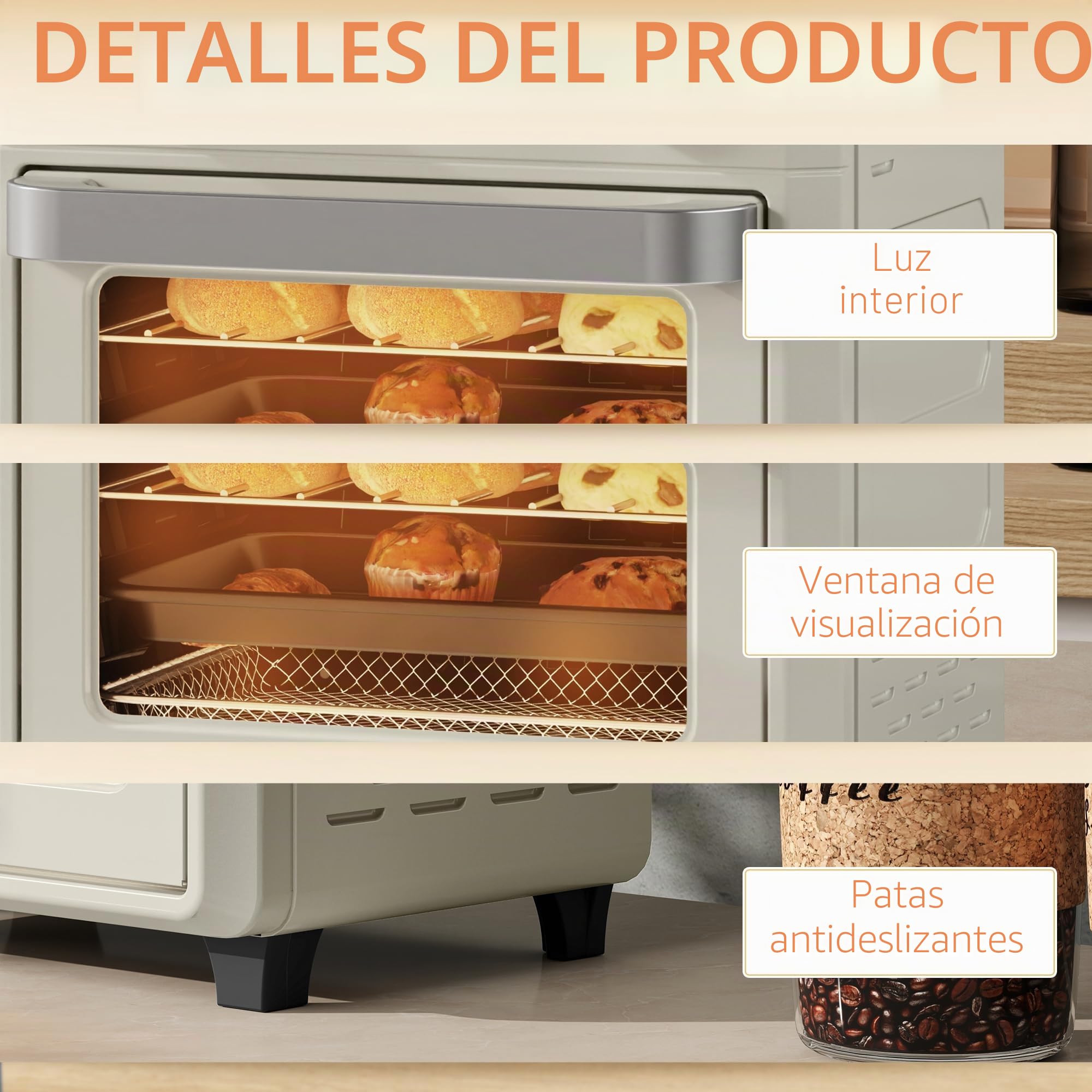 HOMCOM Mini horno con convección 10L Freidora de aire 1000W Blanco crema