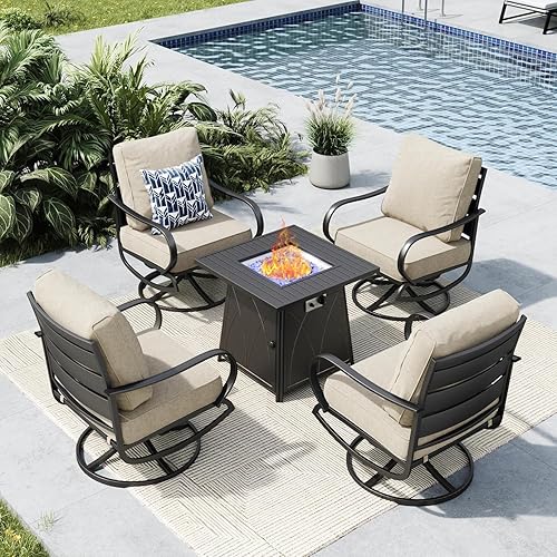 Miniatura 68 de MFSTUDIO Juegos de muebles de patio con mesa de fogata de gas de 45 pulgadas, 8 piezas de conversación de metal para exteriores con 1 sofá de 3