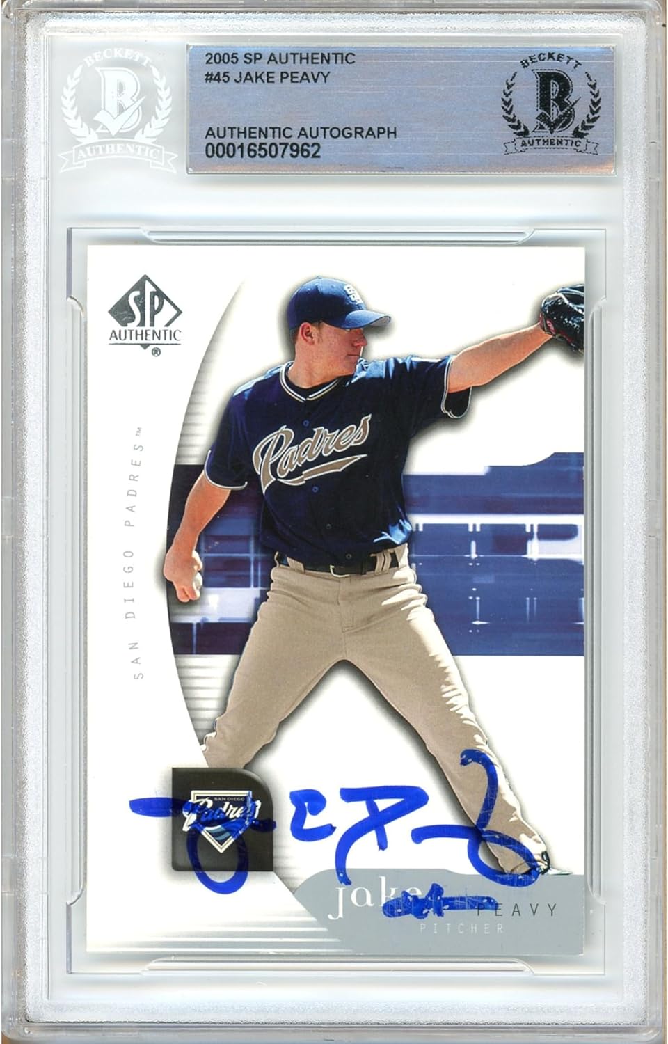 Jake Peavy Autographed 2005 Upper Deck SP Authentic #45 Baseball Trading Card Slab Beckett BAS Authentic Slabbed COA Played For San Diego Padres MLB
