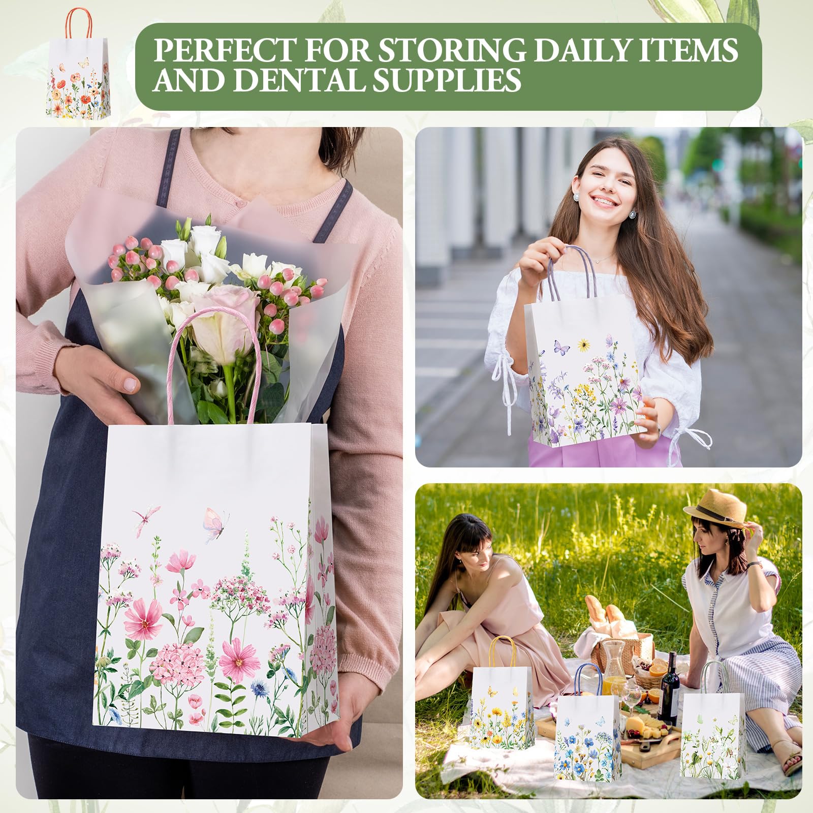 Gaillty 24 Pcs Wildflower Paper Gift Bags 6 Styles, Floral Goodie Bags with Handles Flower Wedding Welcome Bag for Wedding Bridal Shower Engagement Baby Shower Birthday Spring Tea Party Supplies