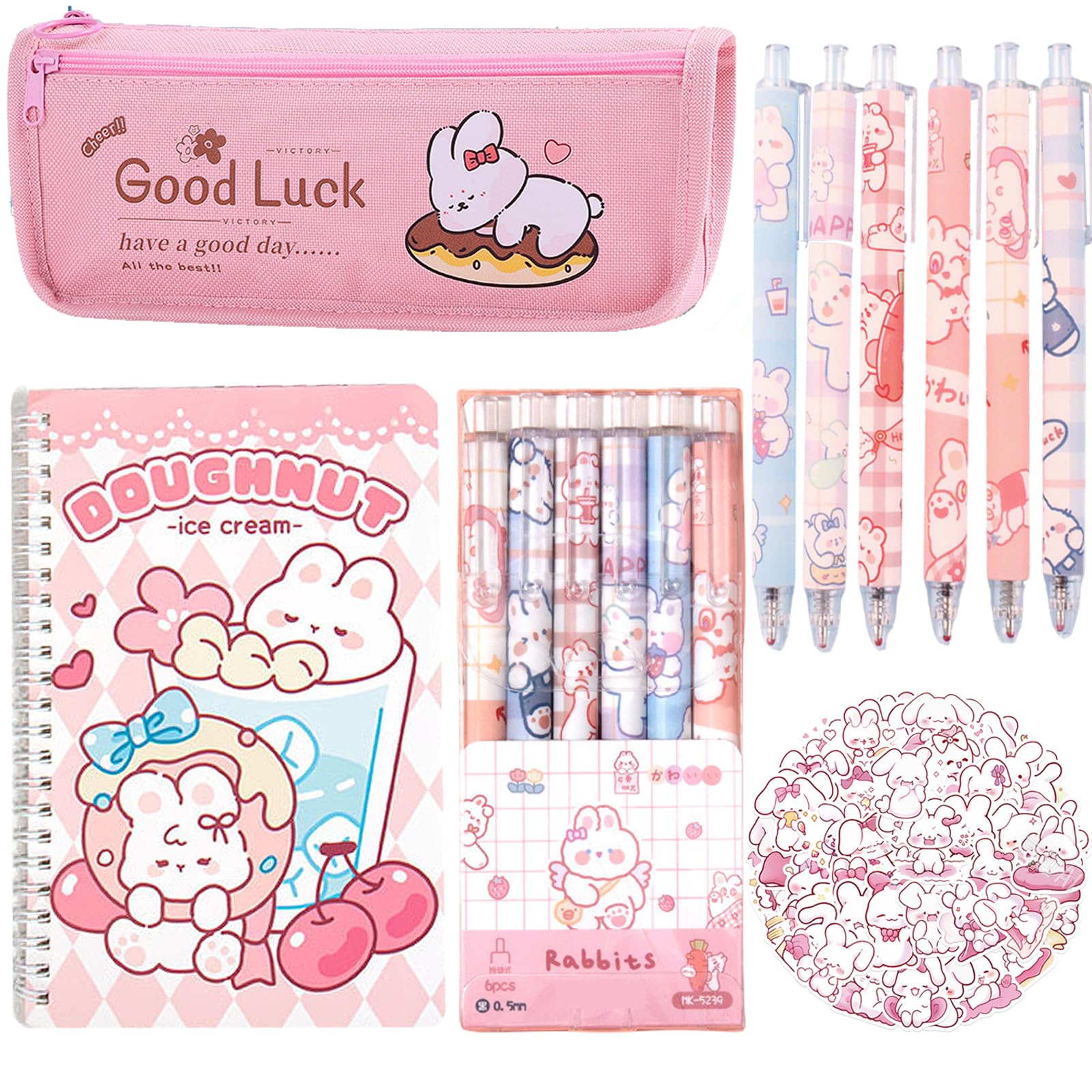 58PCS Cute Rabbit School Supplies Set Kawaii Stationery Kit Gift Set Back to School, Including Notebook,Gel Pens,Pencil Case,Stickers,Festival Holiday Birthday Gifts Easter Basket Stuffers