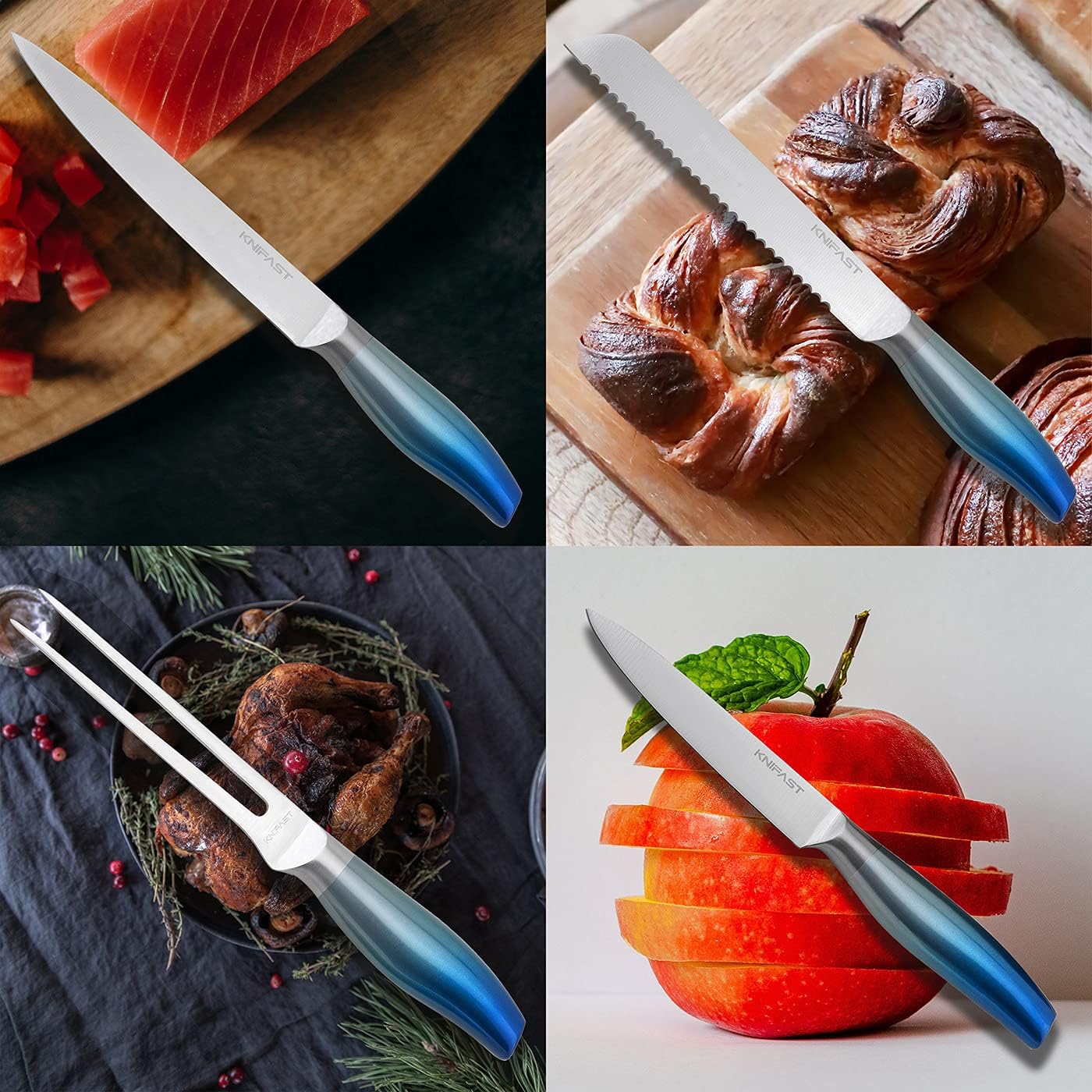 Knife Set With Block, KNIFAST Full Tang 17-Pieces Kitchen Knife Set With Block Wooden German Stainless Steel Cutlery With Knife Sharpener & 6 Steak Knives (Blue)