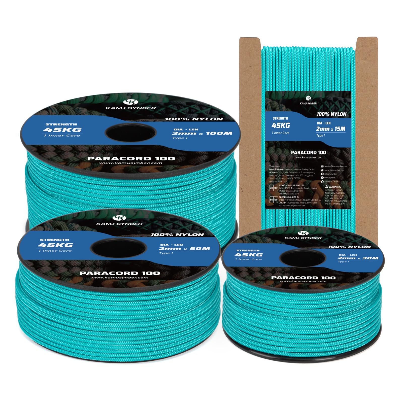 Kamu Synber 2mm Paracord 30M 100% Nylon Rope 1 Strand Type I Parachute Cord for Crafting, Outdoor, DIY, Camping | Support 45kg | Turquoise