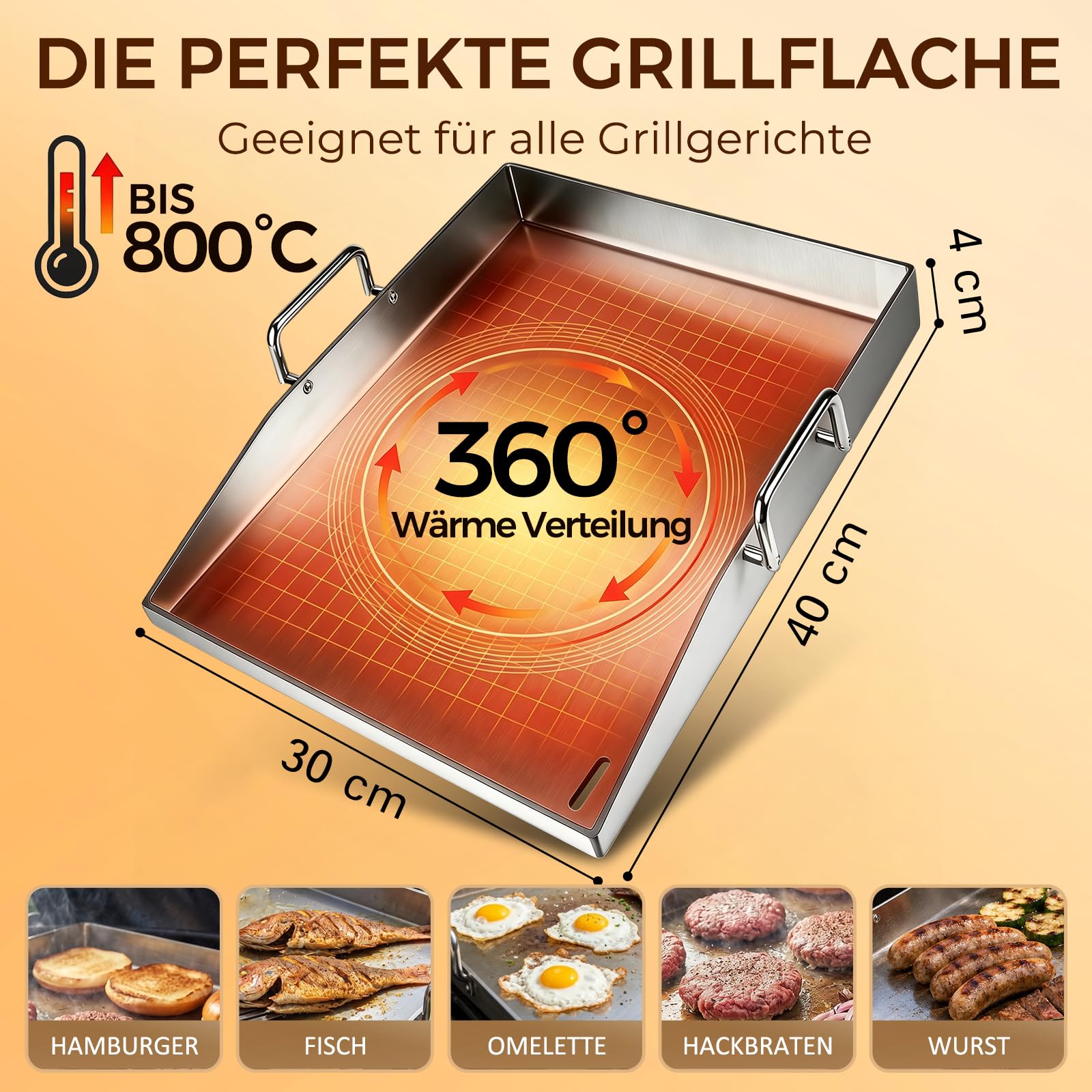 Grillplatte Plancha Geschenke für Männer Frauen, Grillplatte aus 4mm rostfreiem Edelstahl [40 x 30cm]-mit Griff, Enthalten Grillspachtel Set & Reinigungsbürste, Grill Platte für Gasgrill & Kohlegrill