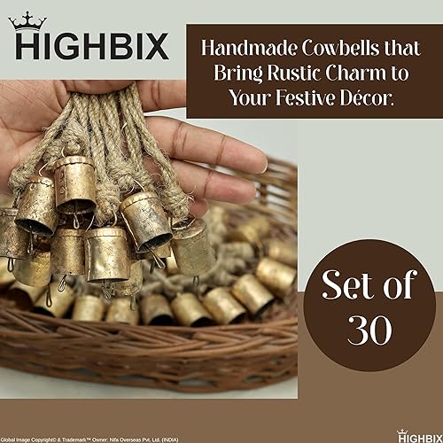 Miniatura 5 de HIGHBIX Campanas de vaca de metal de estaño rústico vintage de 1.6 in, hechas a mano, con cuerda de yute (30 unidades, cilindro)