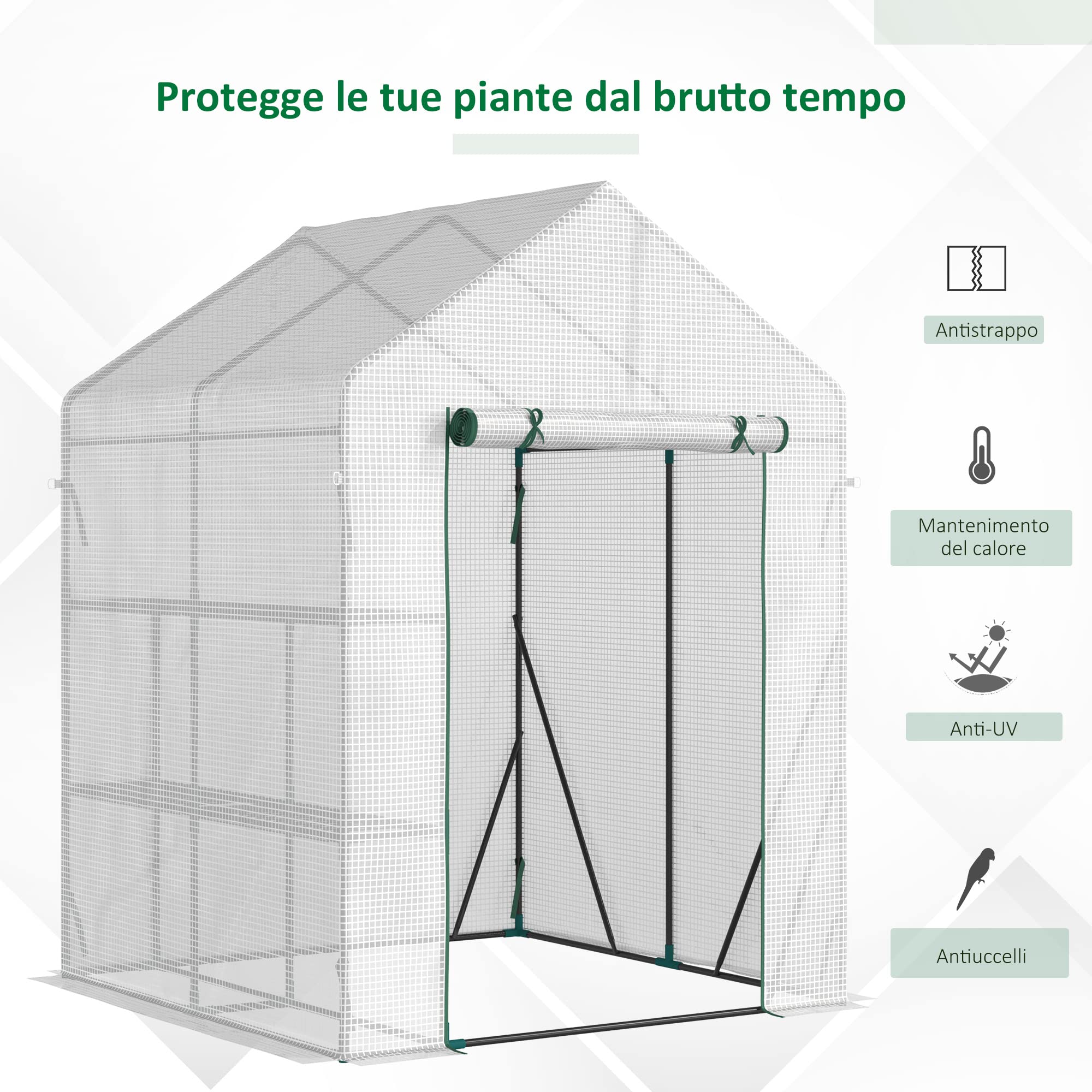 Outsunny Serra da Giardino in Acciaio e Copertura PE, Serra da Balcone per Piante con 2 Scaffali e Porta Avvolgibile, 143x143x195cm, Bianco
