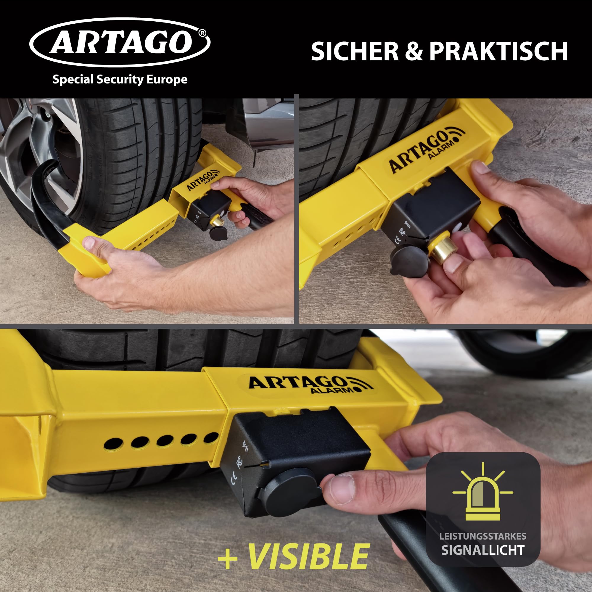 ARTAGO ART872 Hochwertige Radkralle 2in1 Ohne/Mit Alarm 120dB+LED, Die Sicherste Parkkralle, Patentiert, Rostgeschützt, Wegfahrsperre Reifenkralle für Auto Wohnmobil Wohnwagen Anhänger