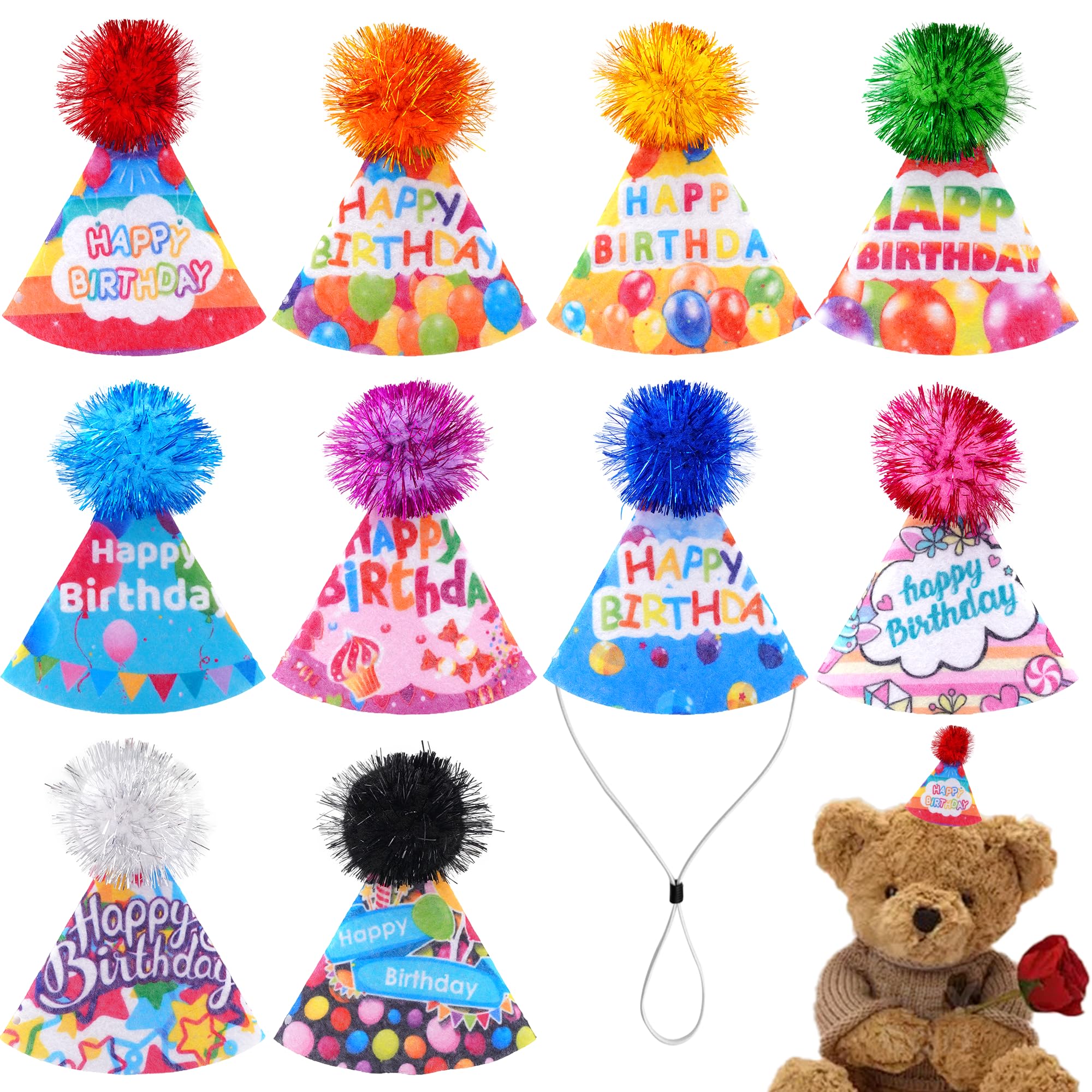 JpGdn 10Pcs Pack Birthday Hats with Poms pom for Stuffed Animals Dogs Pets Adult With Adjustable Headband Felt Reusable Happy Birthday Party Decoration Costume Accessories