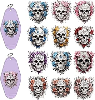 24PCS UV DTF Transfer Stickers for Keychain,Watercolor Floral Skull Rub on Transfer UV Stickers, DIY Hotel Keychain Blank Personalized Crafts