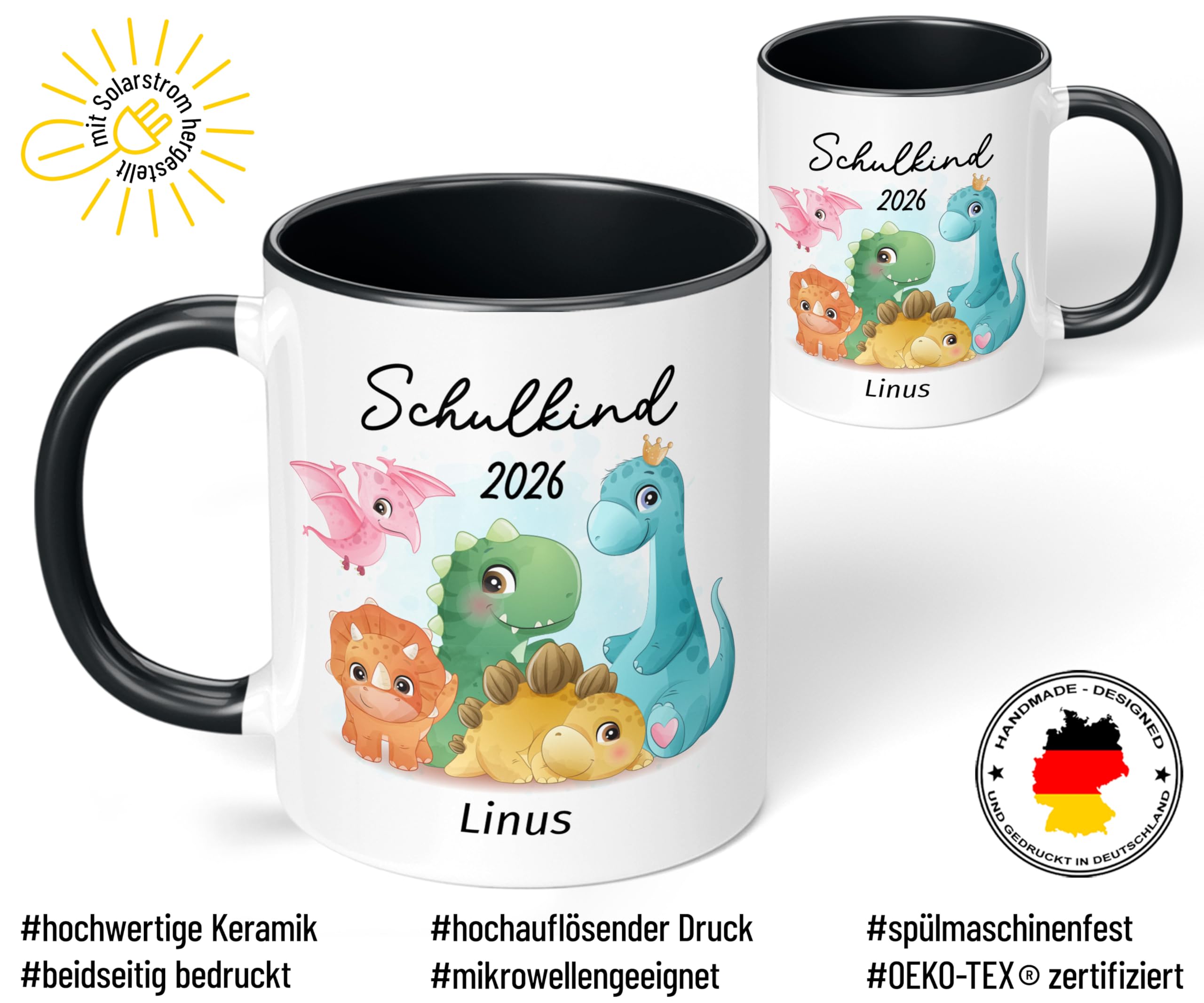 True Statements Geschenk zur Einschulung für Jungen: Keramik-Tasse „Schulkind 2026“ - Dinosaurier-Watercolor-Motiv - 330ml - personalisiert mit Namen Erstklässler Schüler 1. Klasse, Schwarz