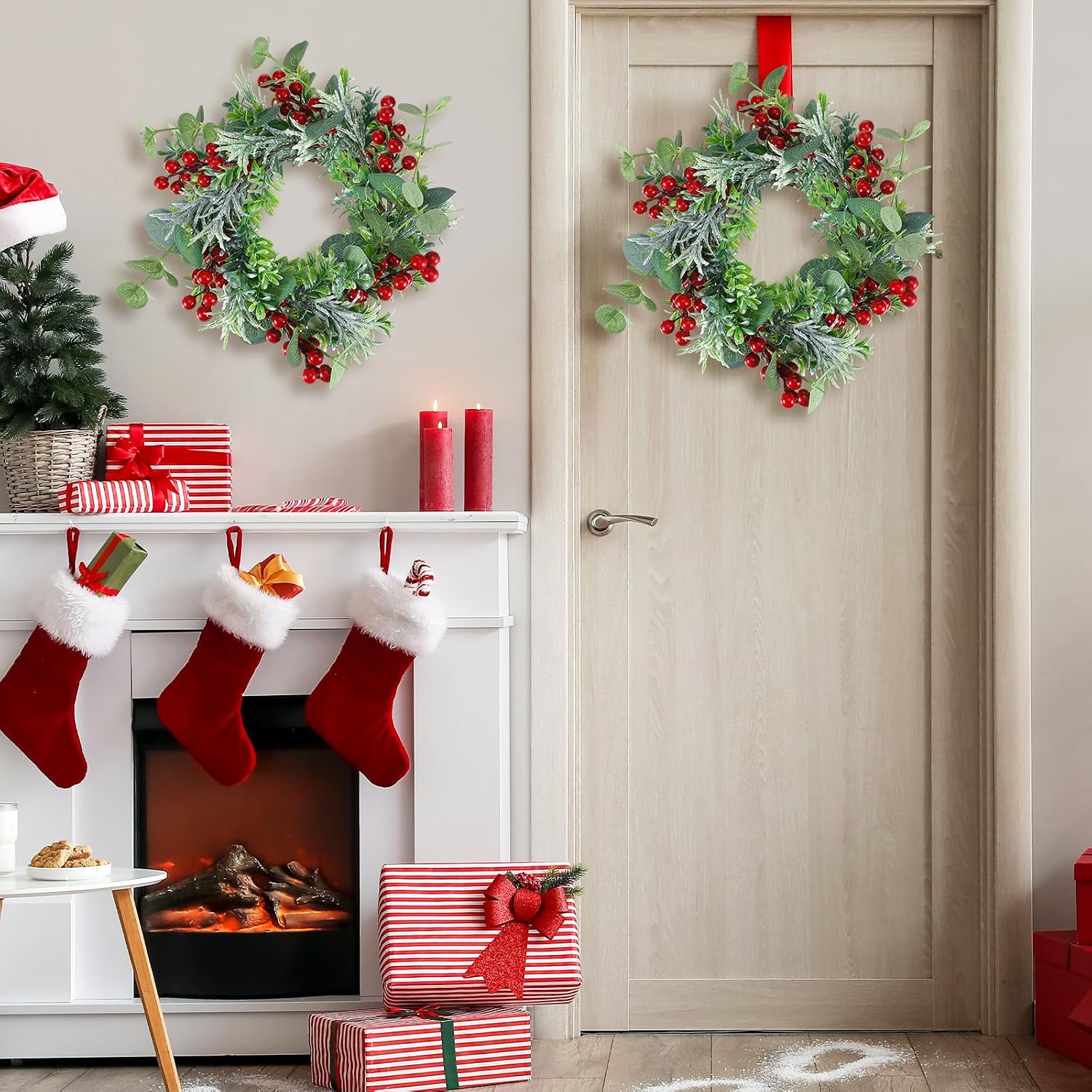 Daifunli 8 Pcs Mini Wreaths for Kitchen Cabinets 10 Inch Christmas Candle Rings Wreath with Artificial Red Berries Eucalyptus Leaf Table Centerpiece Decor for Front Door Wall Chairs Stairs Windows