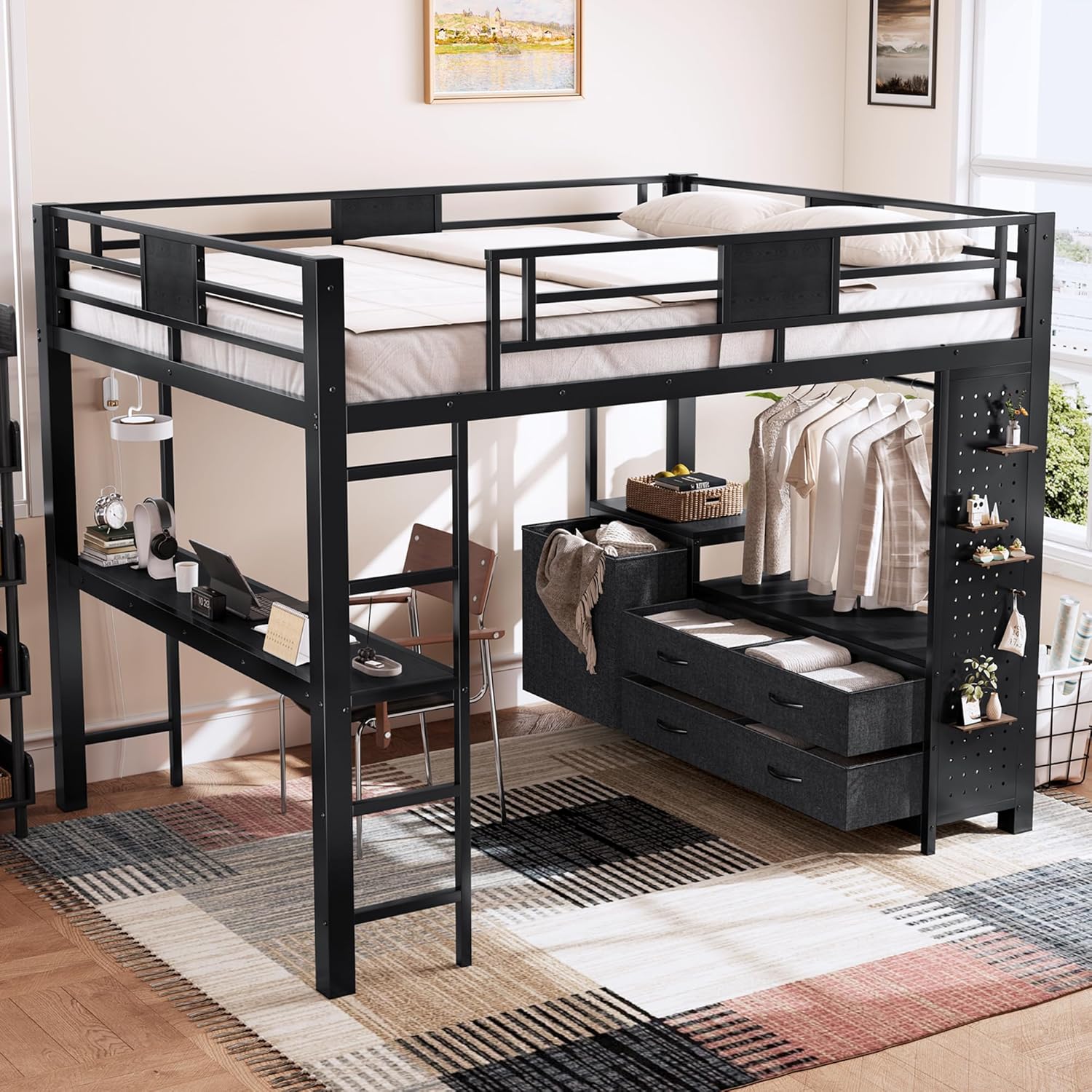 Bellemave Queen Size Loft Bed with Desk and Storage Pegboard, Queen Loft Bed Frame with Storage Drawers, Laundry Hamper and Clothes Hanging Rod, Adults Loft Beds Nosie-Free, Black