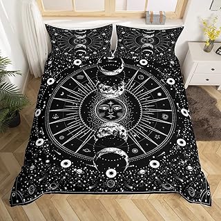 Manfei Sun and Moon Duvet Cover Set Queen Size, Stars Space Psychedelic Bedding Set 3pcs for Kids Boys Teens Bedroom Decor, Black and White Comforter Cover Boho Sun Moon Quilt Cover with 2 Pillowcases