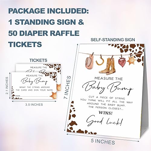 Miniatura 2 de Kit de juego Baby Shower Measure The Baby Bump - Cowboy & Cowgirl - 1 letrero de pie y 50 boletos - How Big Is Mommy's Belly Sign - Baby Shower,