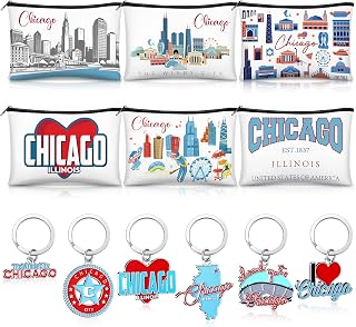 Landical 6 Sets Chicago Souvenir Gifts Include 6 Pcs Chicago Cosmetic Bag and 6 Pcs Metal Keychain for Women Traveler Christmas Party Gifts