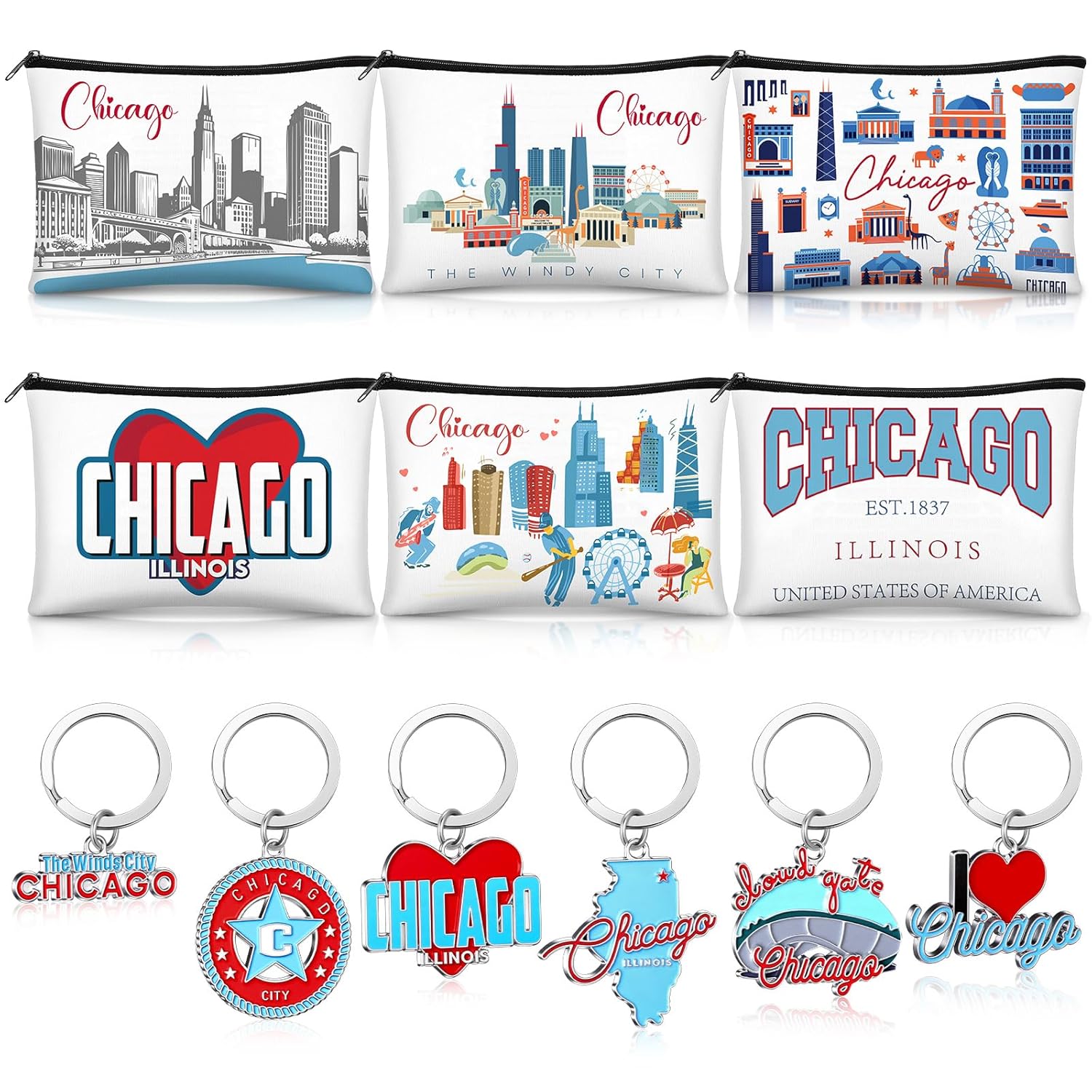 Landical 6 Sets Chicago Souvenir Gifts Include 6 Pcs Chicago Cosmetic Bag and 6 Pcs Metal Keychain for Women Traveler Christmas Party Gifts