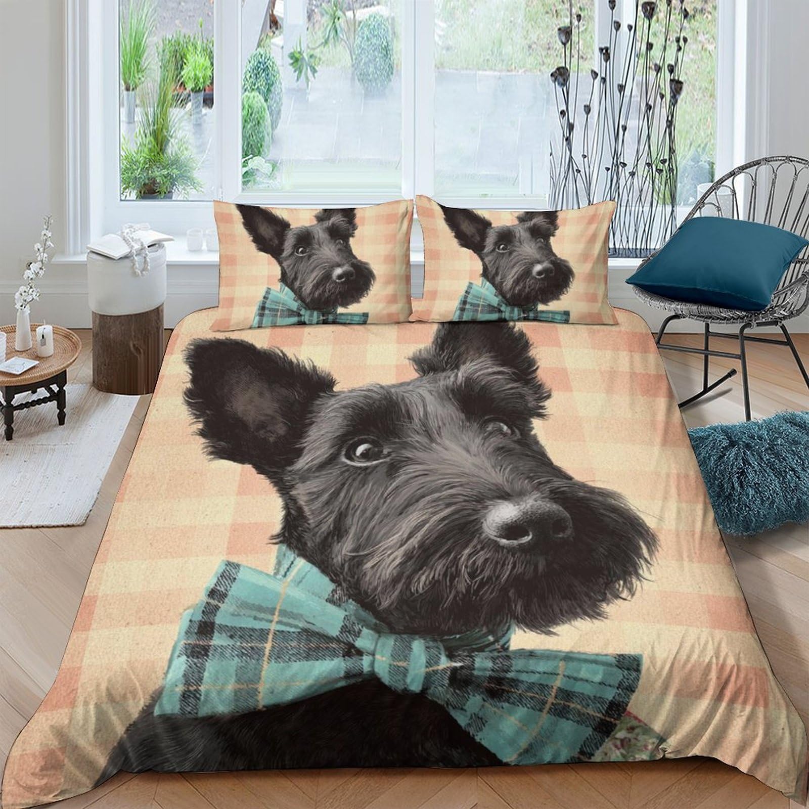 Ctjqhvkz Style-10 3D Printed Scottish Terrier Fitted Sheet Microfiber Soft Plaid Dog Bow Tie Bed Cover Bedroom Dorm Mattress Decor Single（135X200cm）