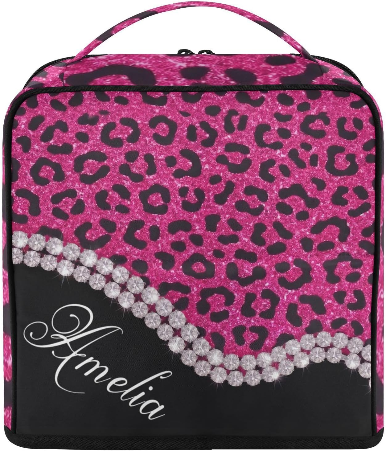 Custom Text Hot Pink Leopard Makeup Bag Stand Up Toiletry Organizer Case