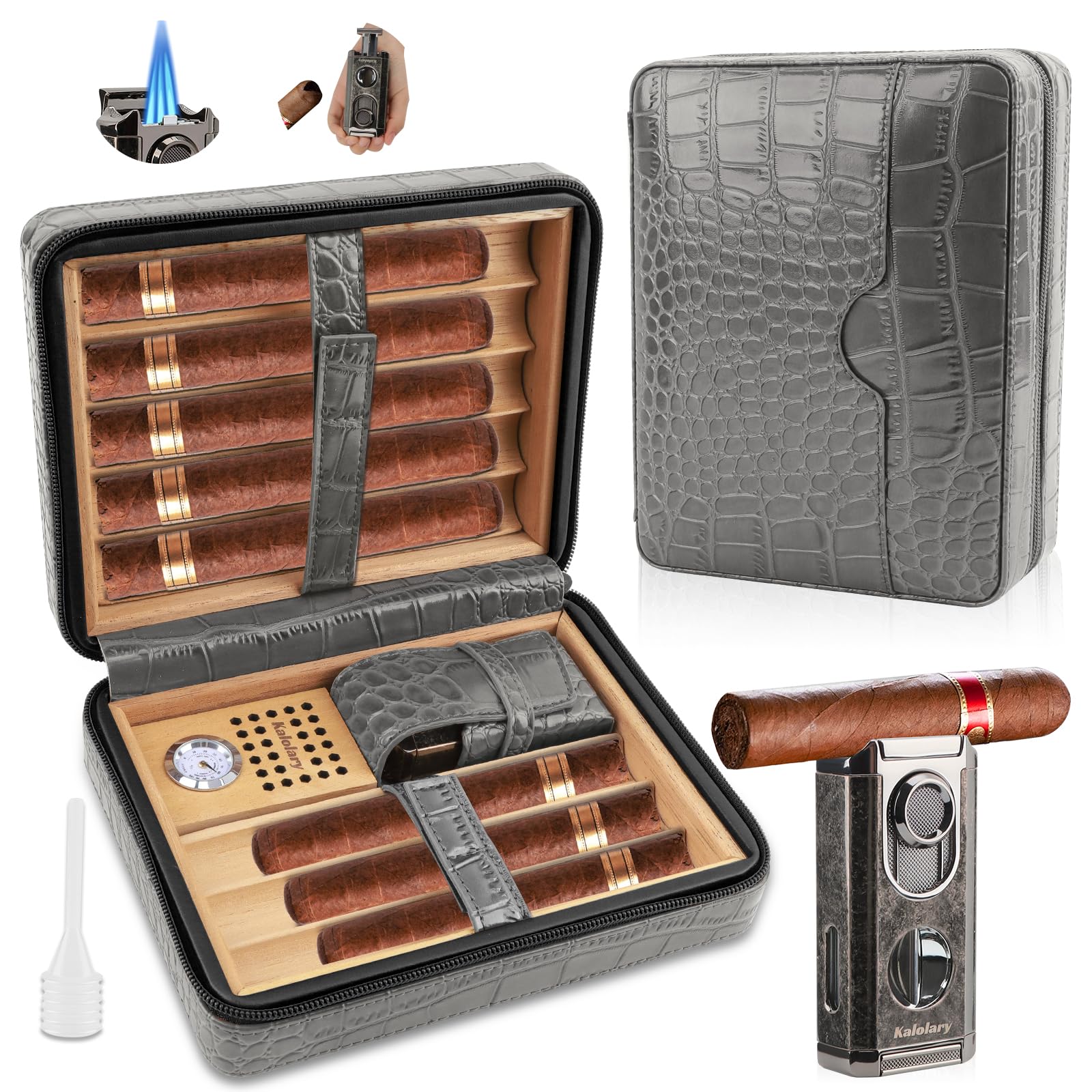 Kalolary Zigarren Humidor Leder mit Zigarrenschneider, Tragbarer Reise Humidor Zigarren mit Zedernholz Auskleidung für Hält bis zu 8 Zigarren, Tolle Geschenke für Männer (Grau-Schwarz)