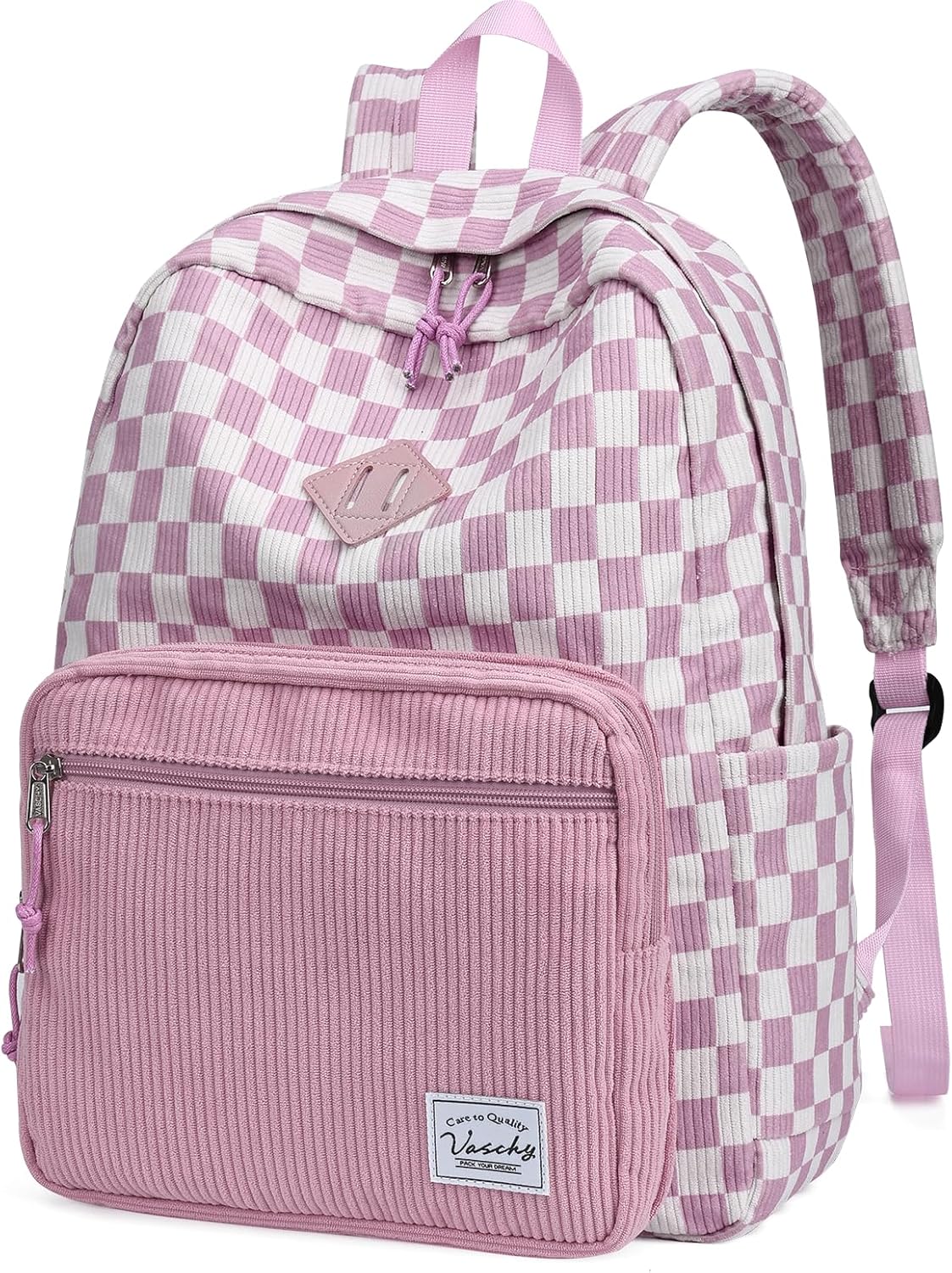 VASCHY Corduroy Backpack for Girls, Lightweight School Bag for Elementary, Middle & High School, Teen Bookbag, Women’s Casual Travel Daypack Pink Plaid