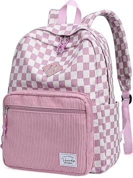 VASCHY Corduroy Backpack for Girls, Lightweight School Bag for Elementary, Middle & High School, Teen Bookbag, Women s Casual Travel Daypack Pink Plaid