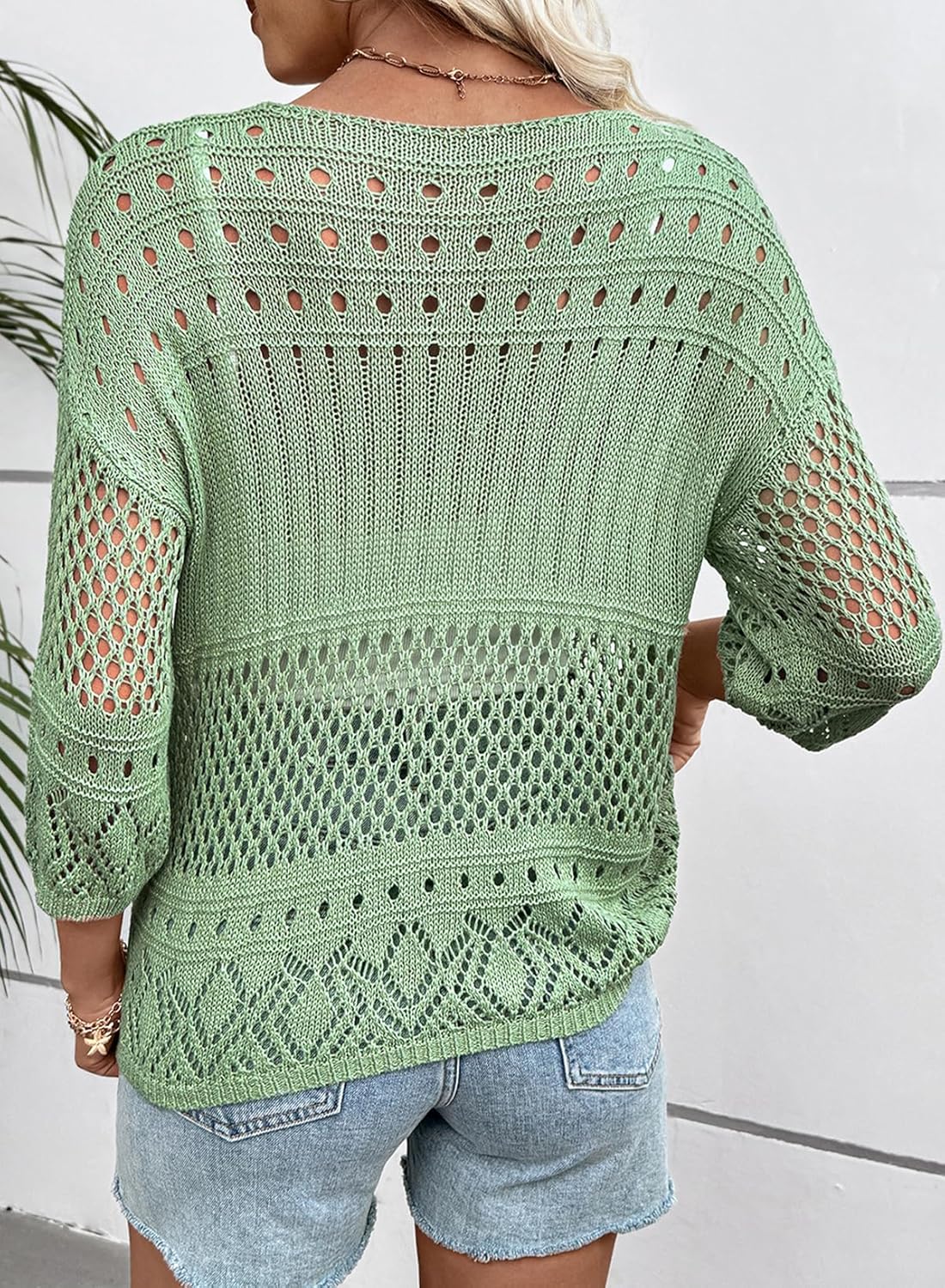 EVALESS Womens Lightweight Sweaters Crochet Hollow Out Knit Tops 3/4 Sleeve Beach Vacation Clothes for Women Trendy 2026 - Image 4