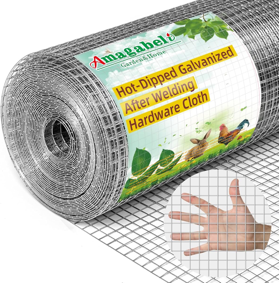Amagabeli Hardware Cloth 1/2 inch 48 x 100 ft Hot-Dipped Galvanized After Welding 19 Gauge Chicken Wire Fence Welded Wire Fencing Mesh Roll Plant Support Gopher Snake Rodent Rabbit Poultry Netting