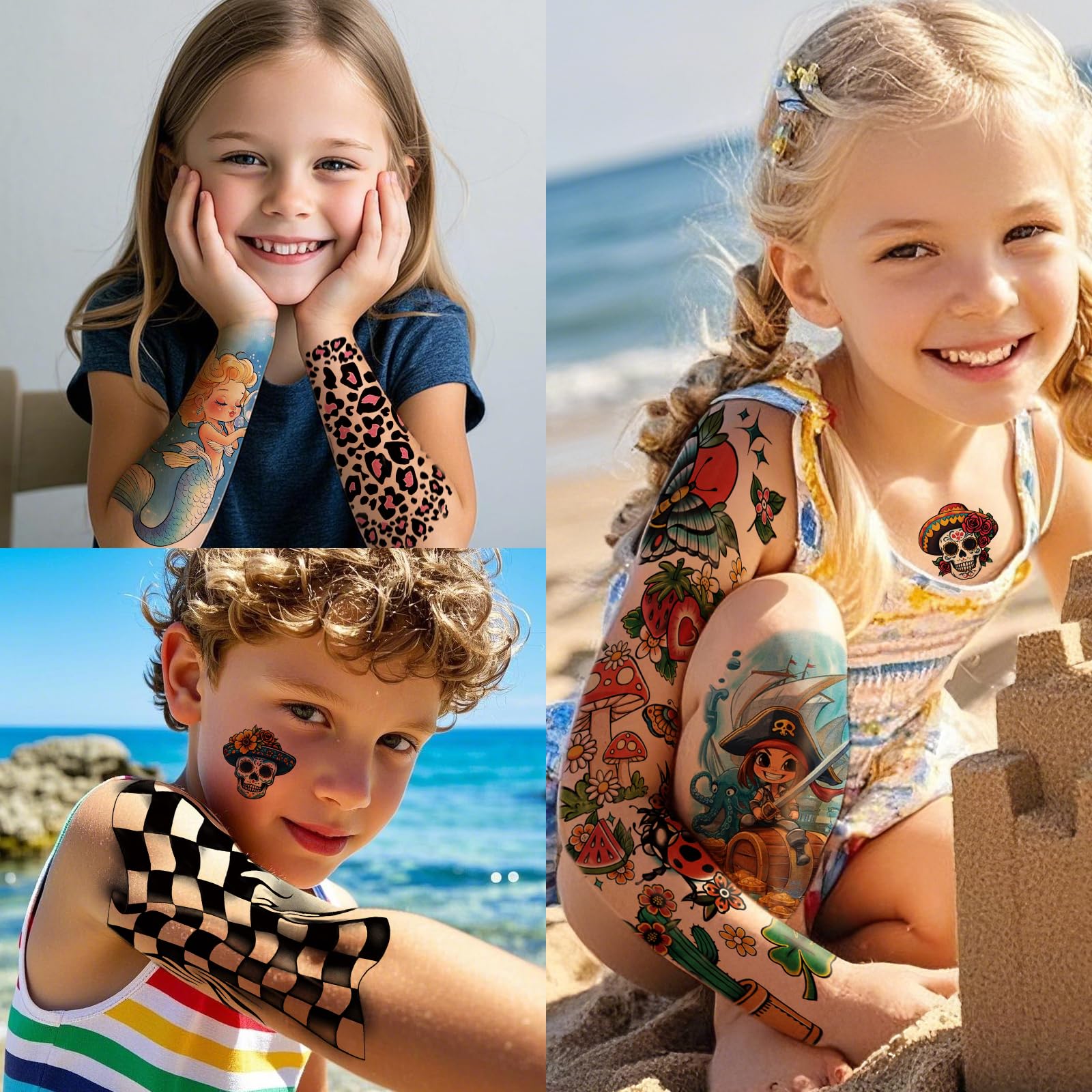 52 tatuajes temporales para niños, de brazo completo, sirena, mariposa, gato, camión, dinosaurio, cohete, planeta, lindo animal, cara, tatuajes de brazo falso para niñas y niños, calcomanías de 5