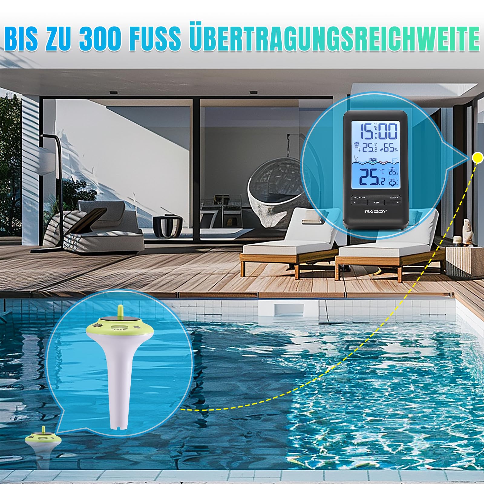 Raddy PT-5 WiFi Poolthermometer, Kabelloser Schwimmender Sensor mit Innenanzeige, App-Fernüberwachung, IPX8 Wasserdicht, Solar- und USB-C-Aufladung, für Pool, Whirlpool, Spa