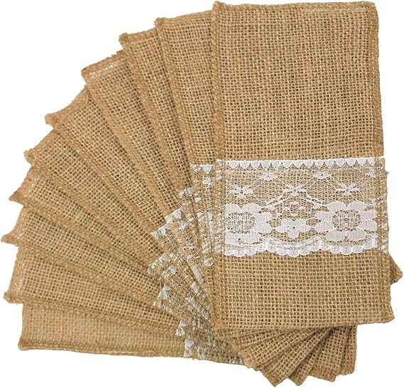 FQTANJU 50 PCS 4x8 Burlap Lace Utensil Cutlery Holders Pouch Silverware Holder Knifes Forks Bags Burlap Napkin Bag for Rustic Wedding Party Decorations favors