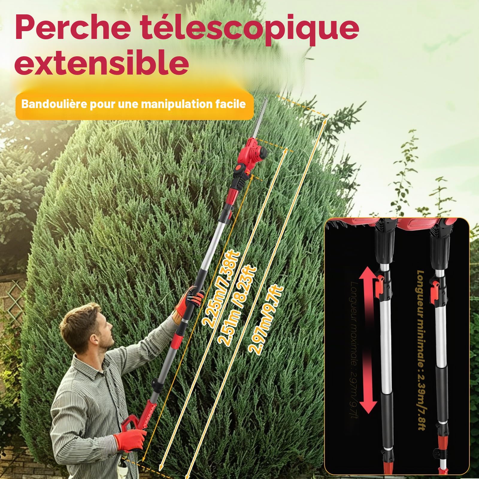Taille-haie télescopique sans fil compatible avec Milwaukee m18, portée maximale de 2,97 m, longueur de coupe de 41 cm, tête rotative à 11 positions avec bandoulière pour élagage d'arbustes
