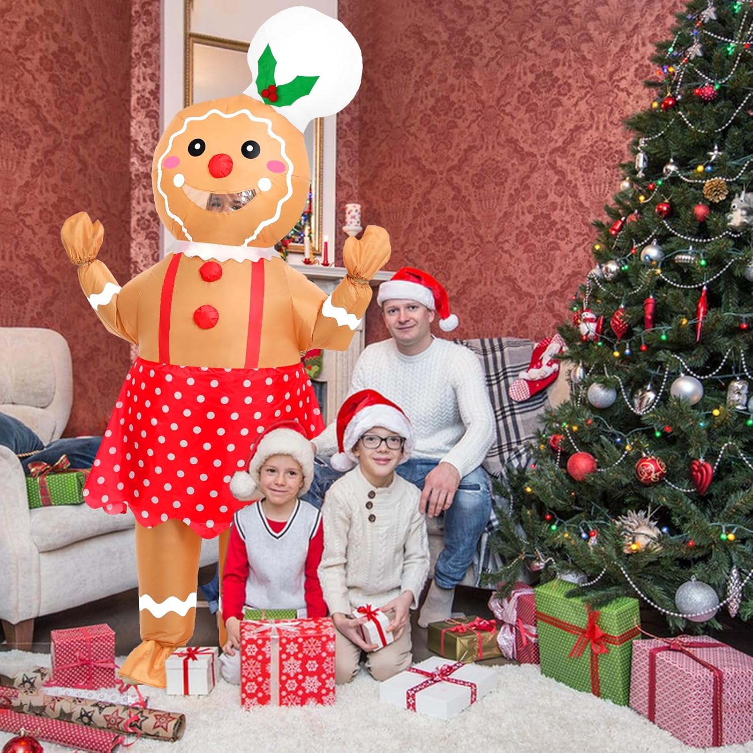 Inflatable Costume for Adult Christmas Gingerbread Halloween Blow Up Costumes Gingerbread Man for Women Funny Cosplay Party (Women Gingerbread) - Image 3